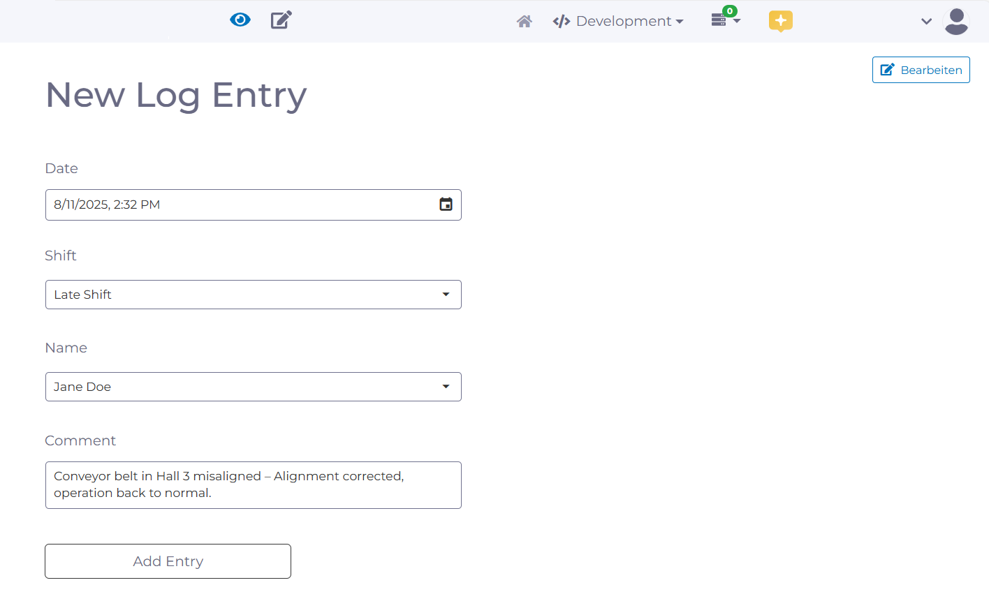 Digital Shift Log with manubes: New Log Entry