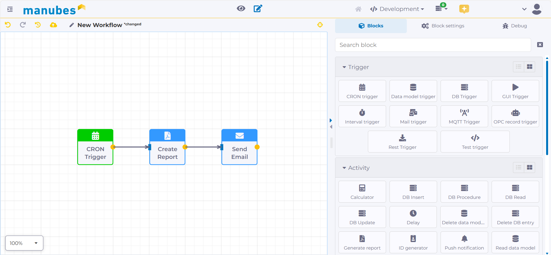 manubes Workflow Designer: Graphical Interface, Trigger and Activities