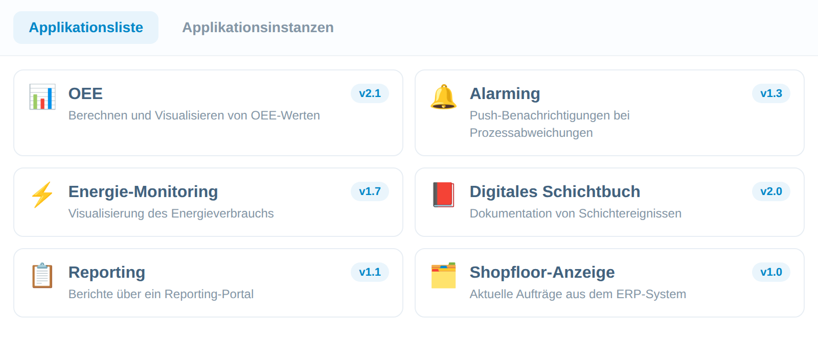 Application list in manubes with six applications and their version status