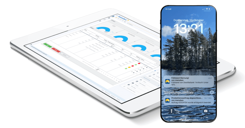 Tablet with a manubes dashboard next to a smartphone showing push notifications about a fill level warning and a completed production order