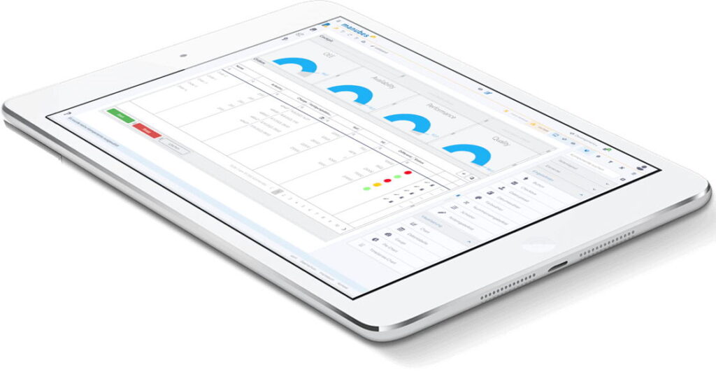 Tablet showing a manubes dashboard with OEE, availability and performance gauges and an order table with status indicators