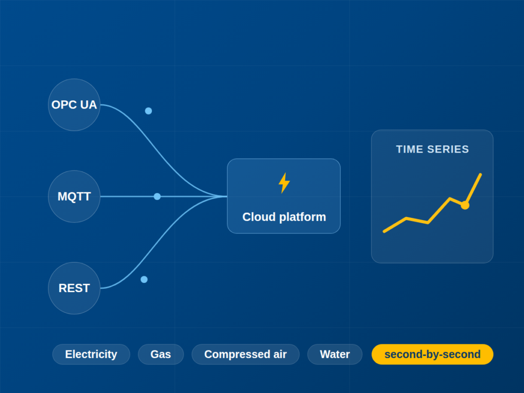 Electricity, gas, compressed air and water are recorded to the second as time series in the cloud platform via OPC UA, MQTT and REST