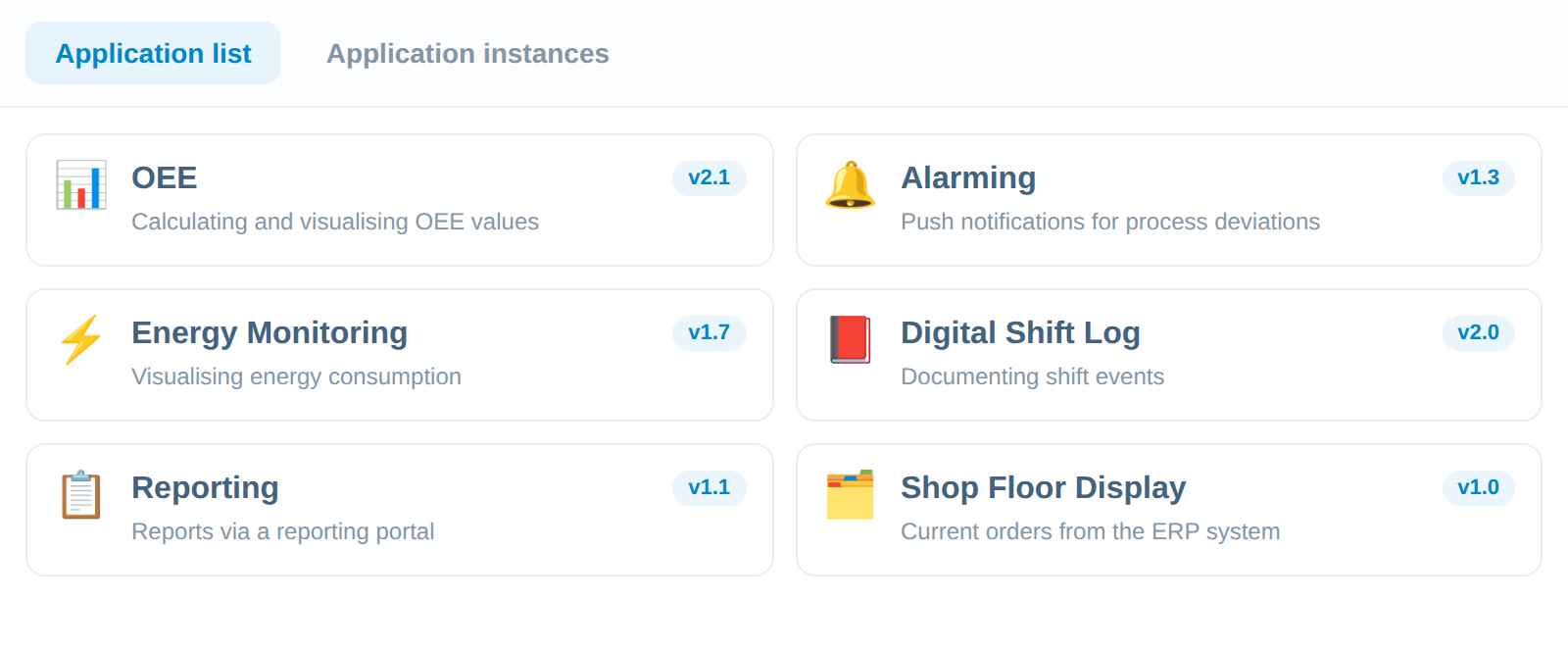 Application list in manubes with six applications and their version status
