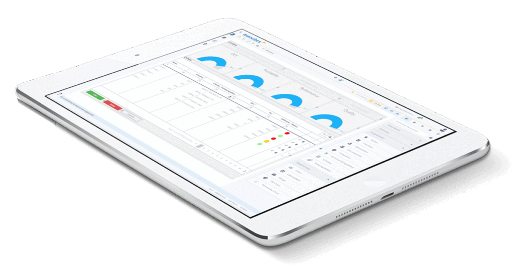 Tablet with a manubes user interface: order list with status indicators and OEE metrics