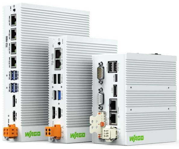 Three WAGO edge computers from the 752-9800 and 752-9400 series with Ethernet and USB ports