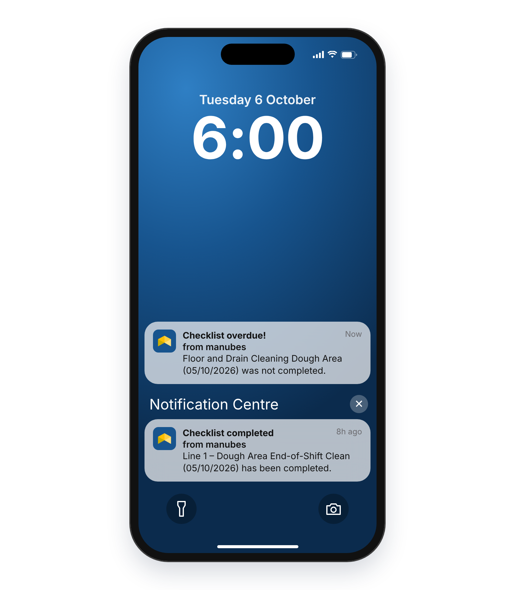 manubes push notification on a smartphone lock screen: Floor and drain cleaning checklist overdue