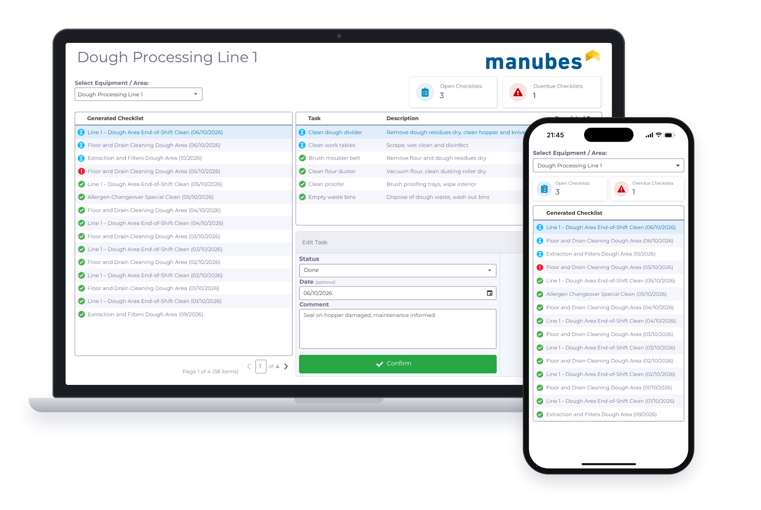 manubes checklist app on a laptop and smartphone: The same overview of cleaning checklists in the browser on both devices