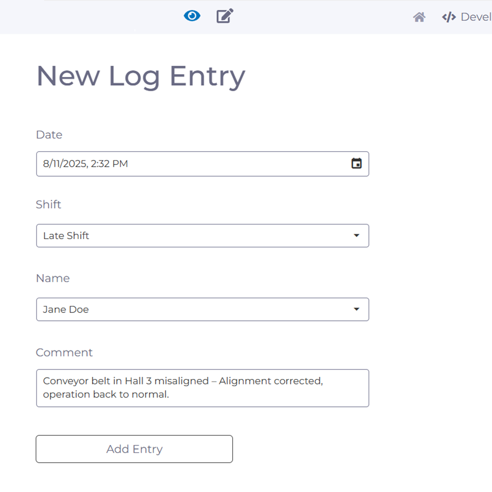 Form for a new entry in a digital shift log
