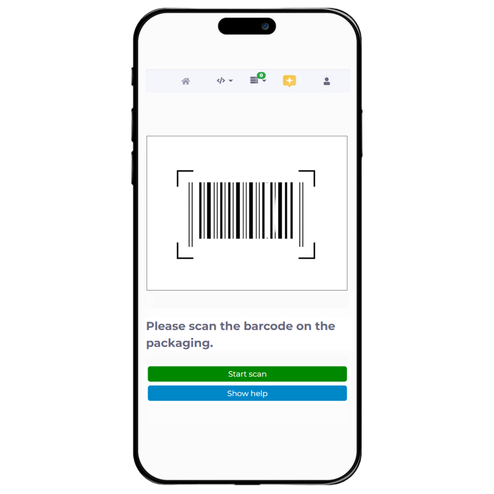 Smartphone with a manubes material verification app: scan the barcode on the packaging
