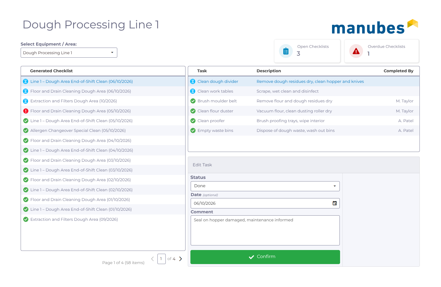 Checklist overview in manubes for the area Dough Processing Line 1: Open, overdue and completed cleaning checklists with tasks and form