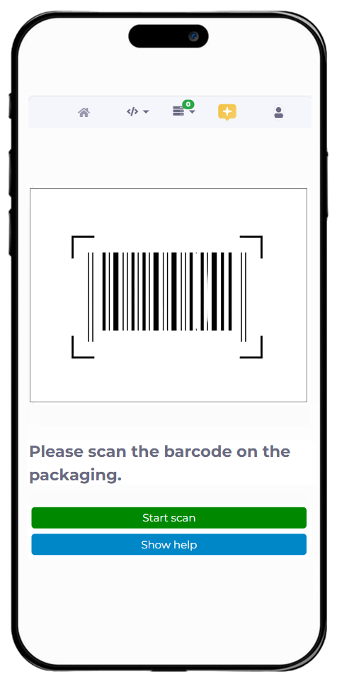 Smartphone app prompting the user to scan the barcode on the packaging
