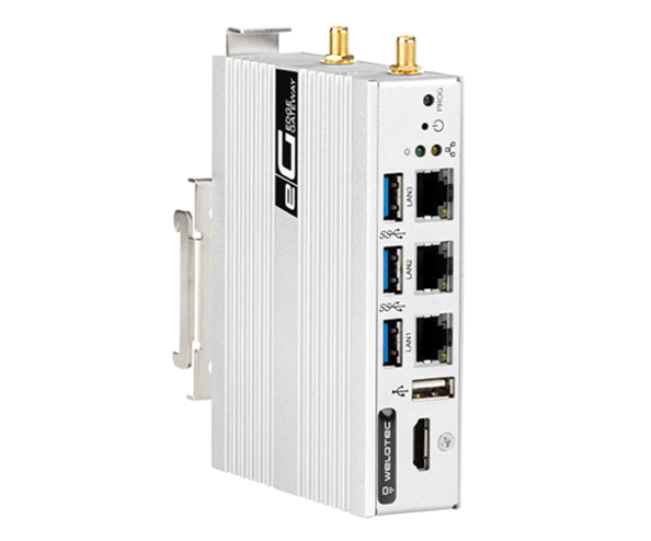 Welotec EG500 DIN-rail edge gateway with three LAN ports and two antenna connectors